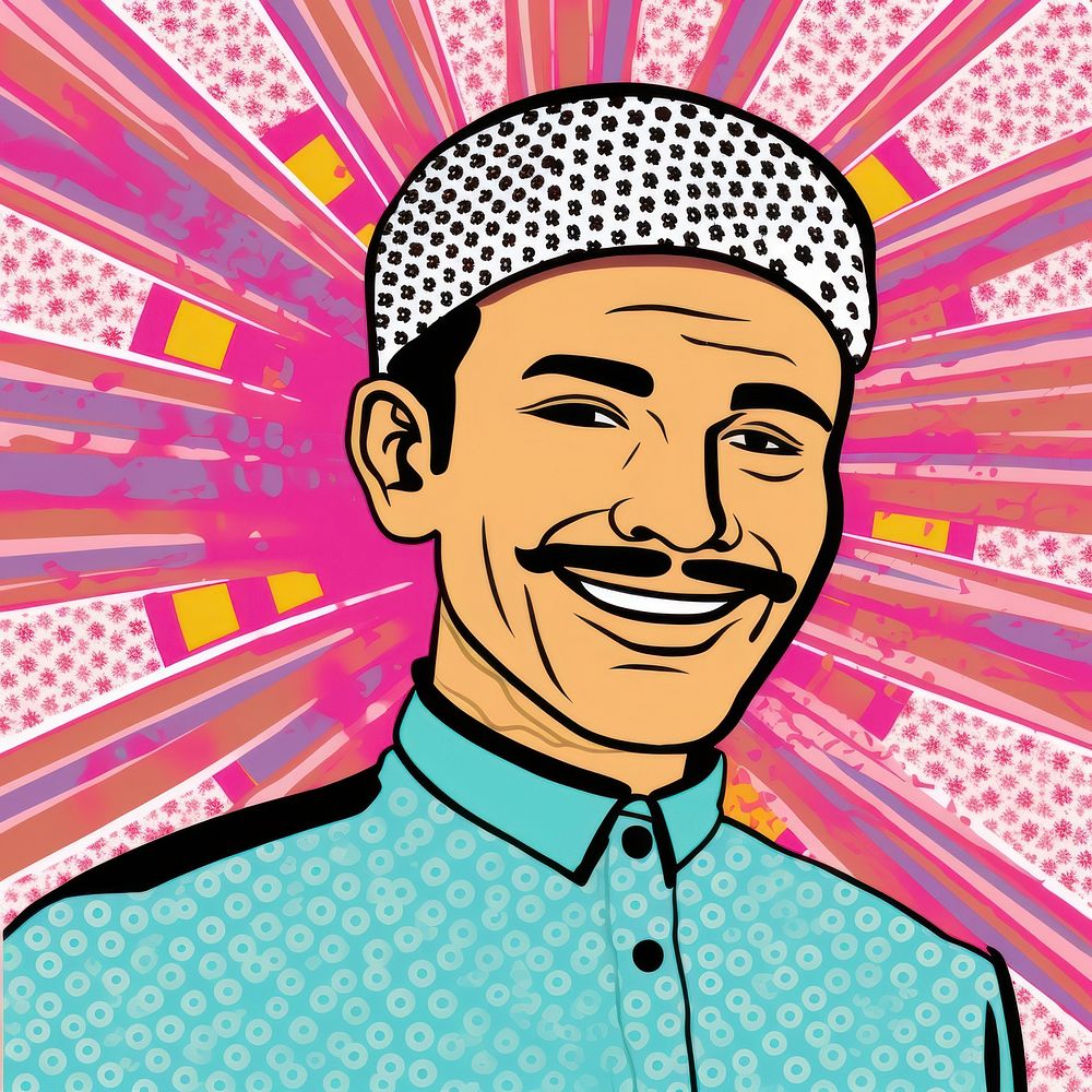Comic of muslim man smiling portrait drawing pattern.