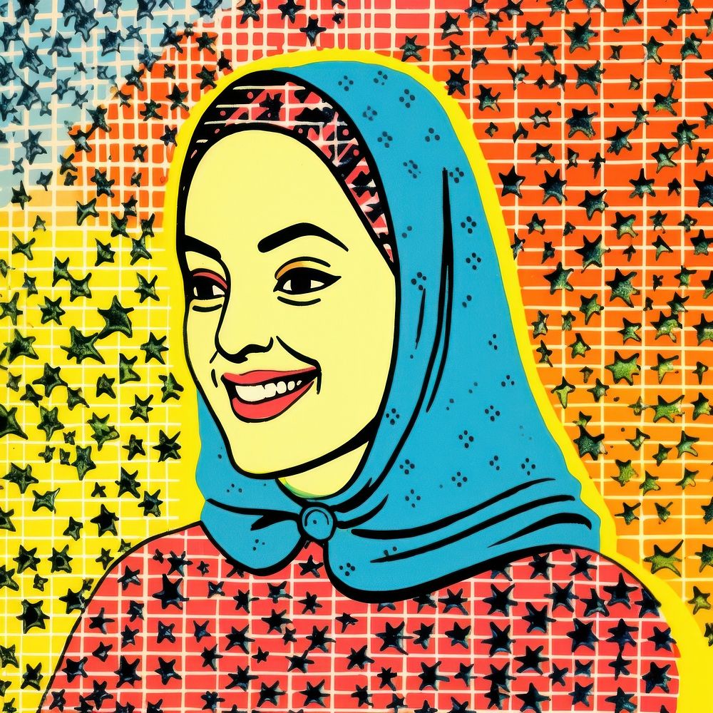 Comic of muslim woman smiling portrait art photography.
