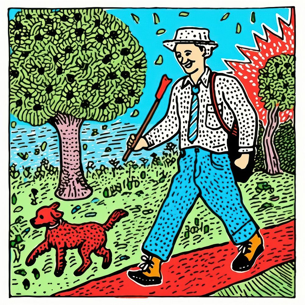 Comic of old man walking with his dog comics art publication.