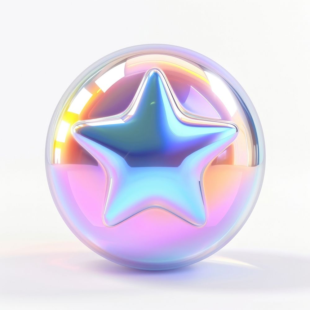 Star symbol iridescent sphere shape white background.