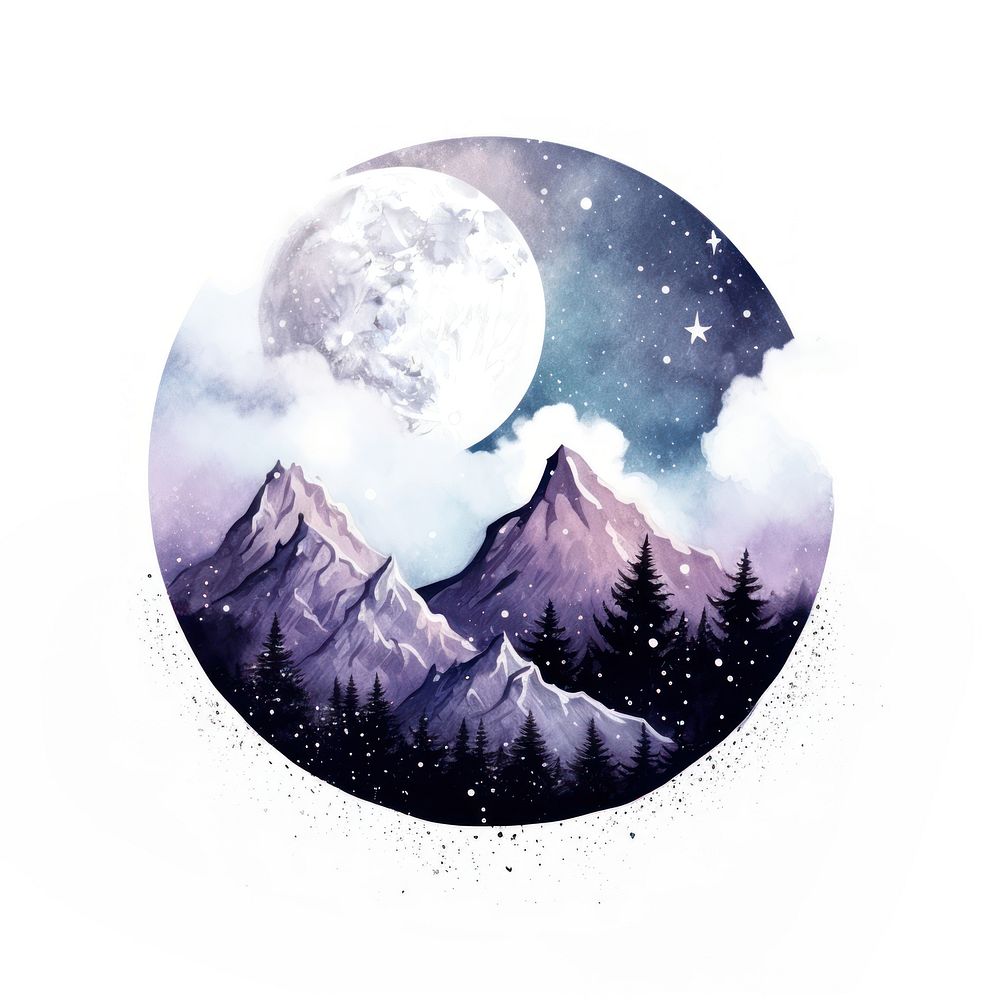 Mountain with moon in Watercolor style astronomy nature galaxy.