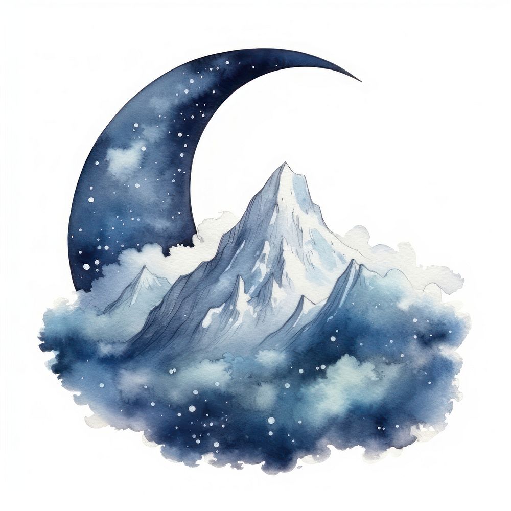 Mountain with moon in Watercolor style astronomy nature night.