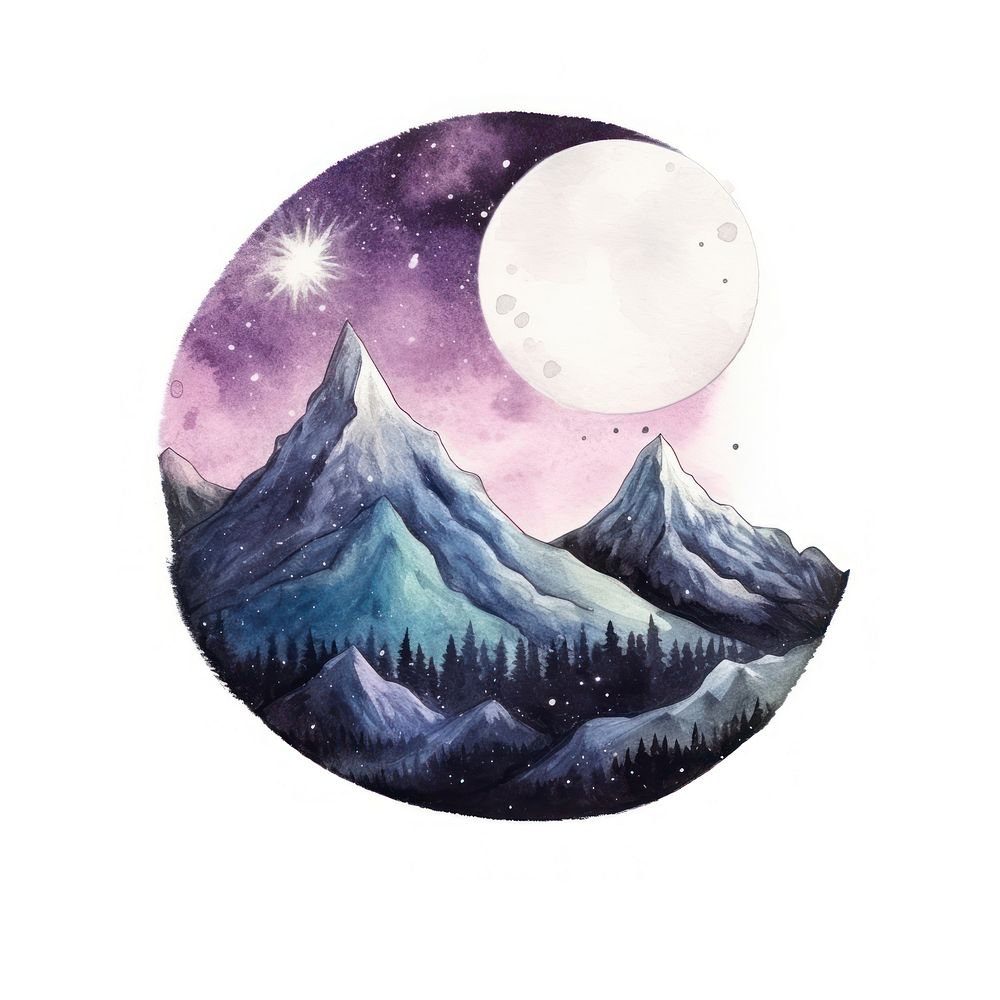 Mountain with moon in Watercolor style astronomy nature galaxy.