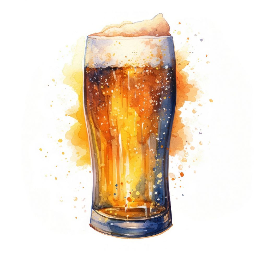 Beer in Watercolor style drink glass white background.