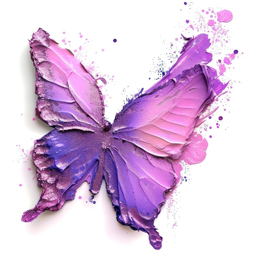 Paint butterfly shape brush stroke purple pink white background.