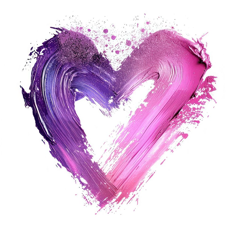 Paint heart shape brush stroke purple pink white background.