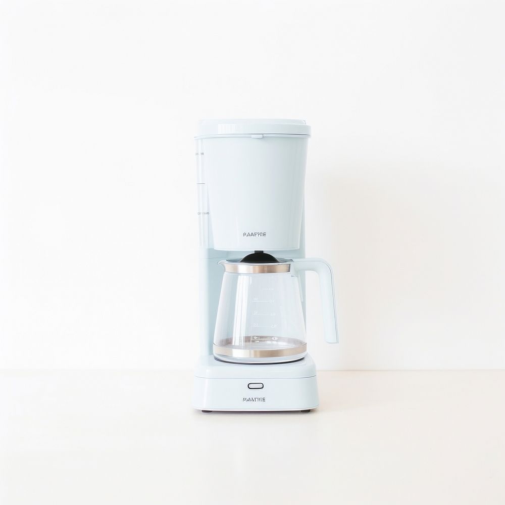 A minimal babyblue coffee maker mixer white background coffeemaker.