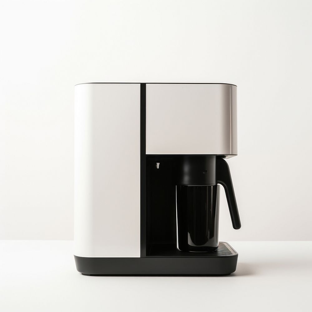 A minimal black coffee maker appliance cup white background.