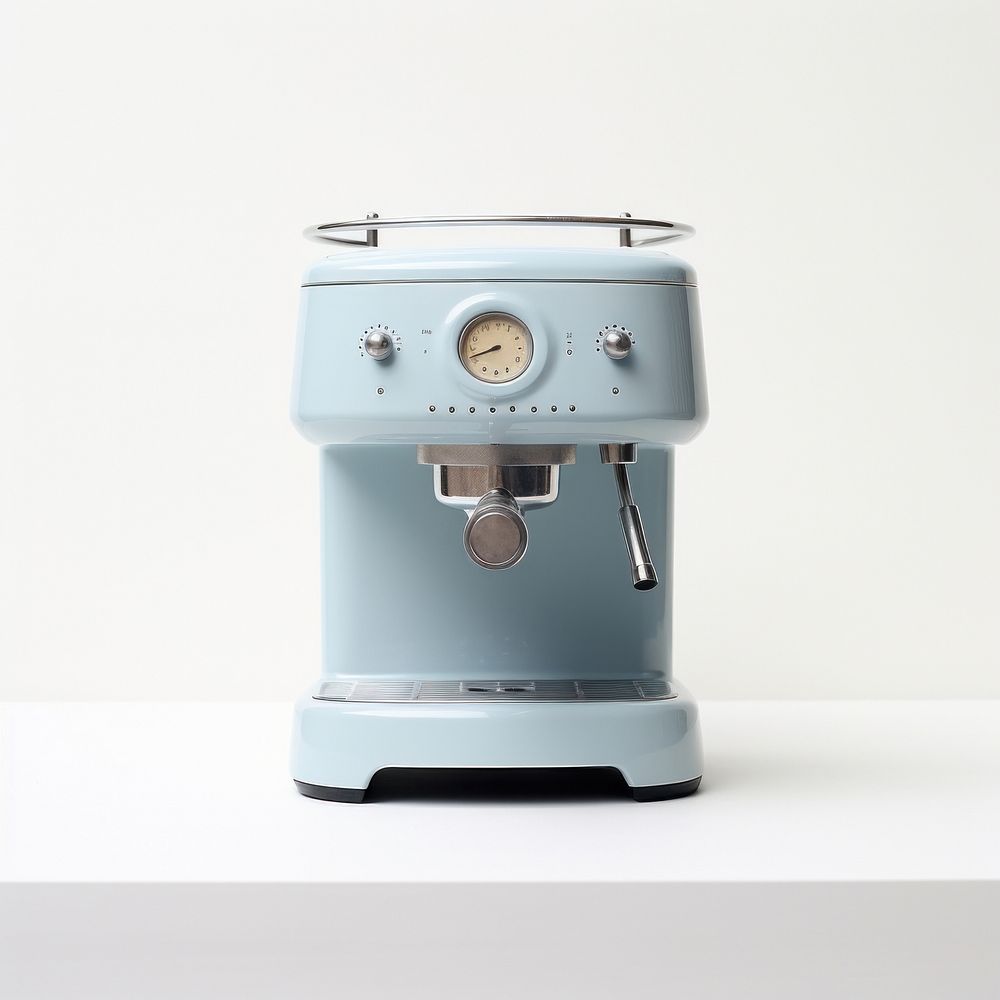 A babyblue minimal beige coffee machine appliance mixer white background.
