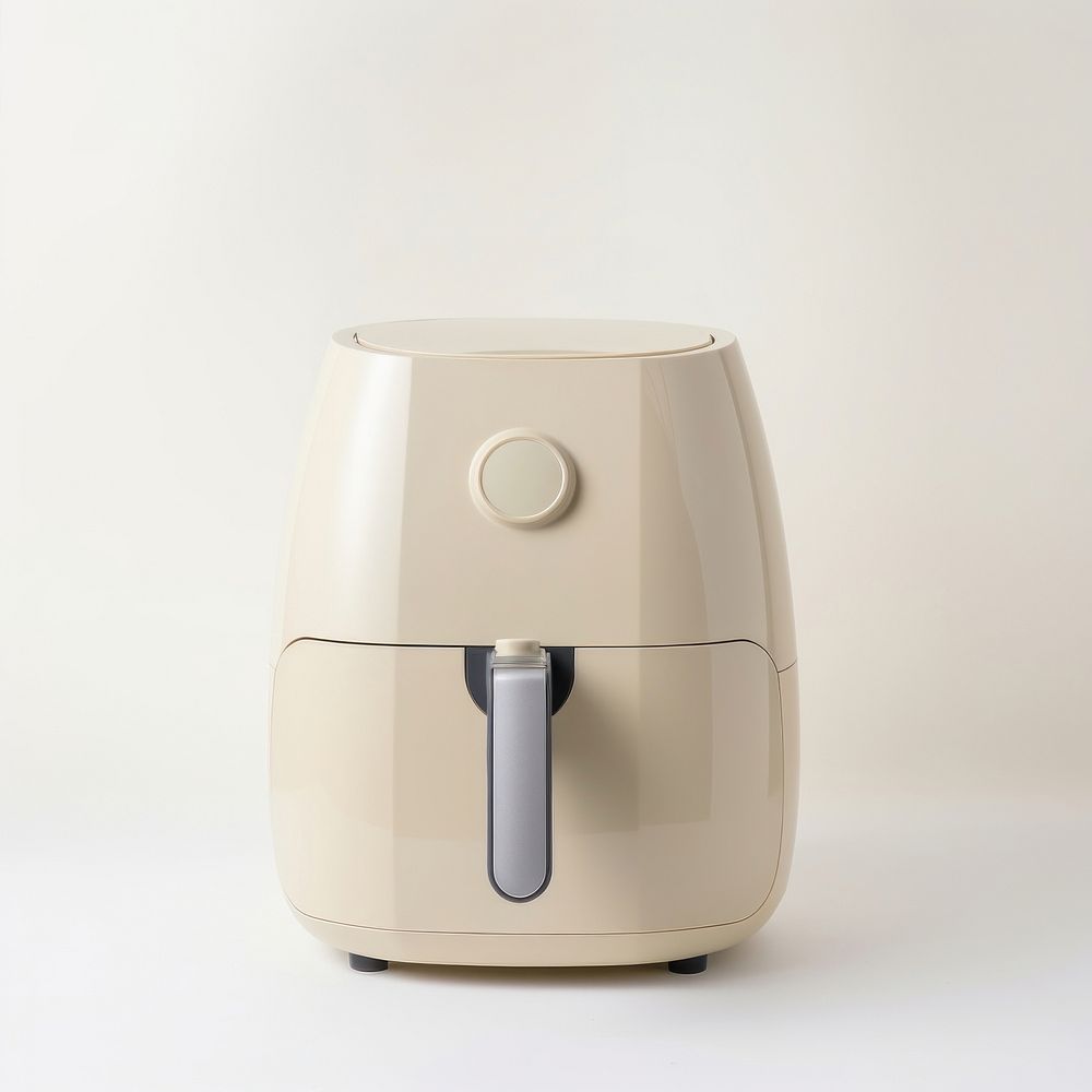 A beige minimal air fryer mixer white background coffeemaker.