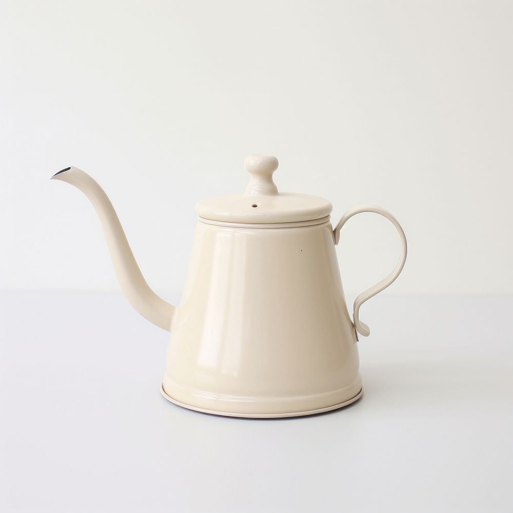 A beige coffee drip kettle porcelain teapot white background.