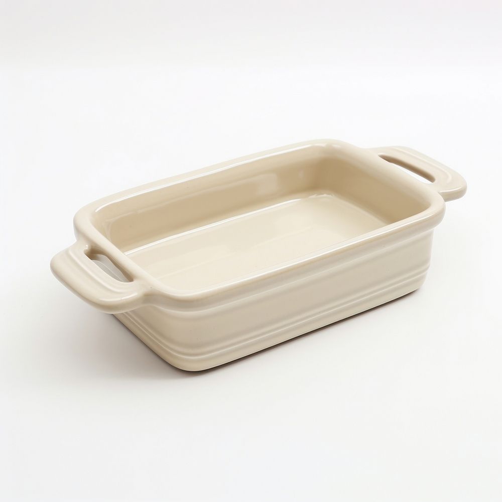 A beige hot dish ceramic bowl white background container.