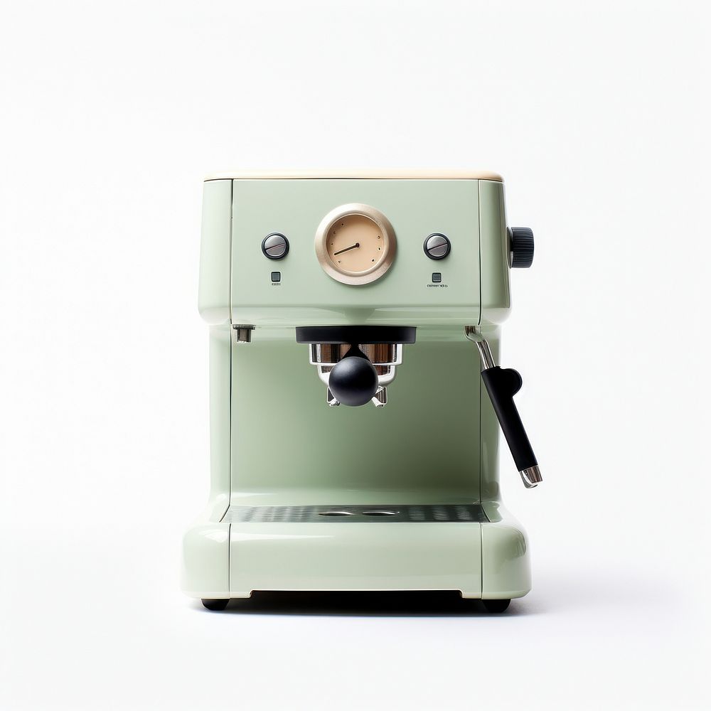 A green minimal beige coffee machine white background coffeemaker technology.
