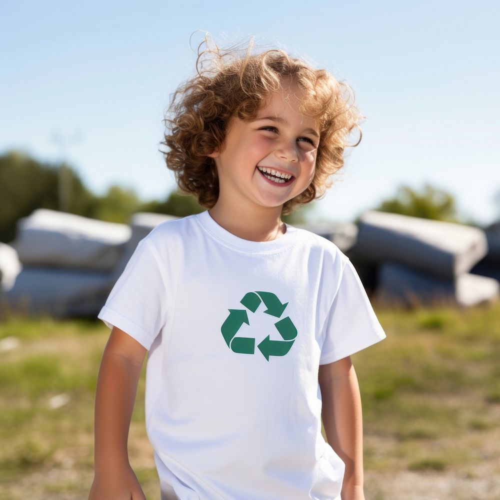 Kid wearing white t-shirt outdoors smiling sleeve.