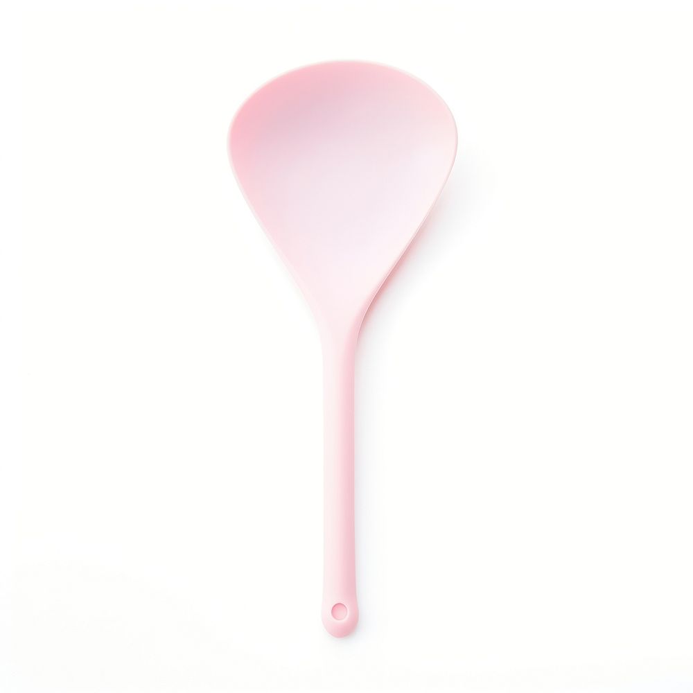 A pink rubber spoonula tool white background silverware.