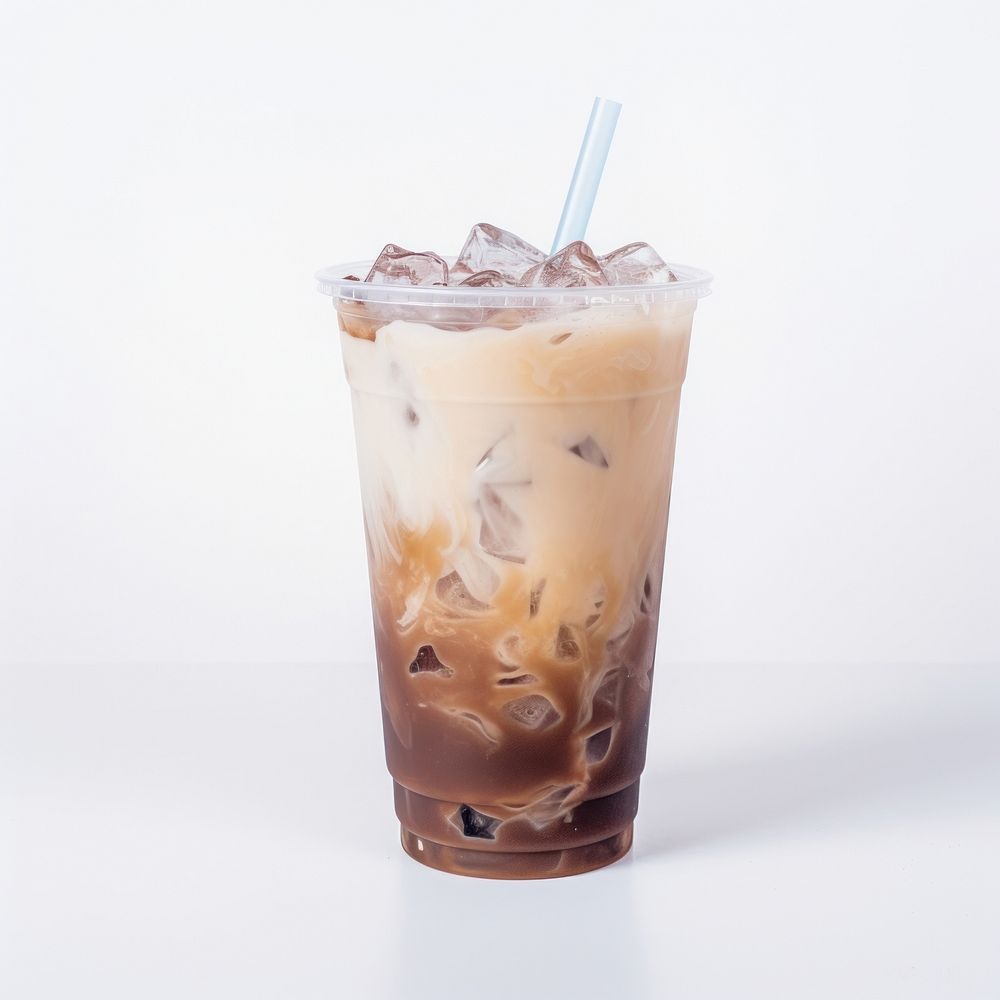 A plastic disposable ice coffee glass drink white background refreshment.