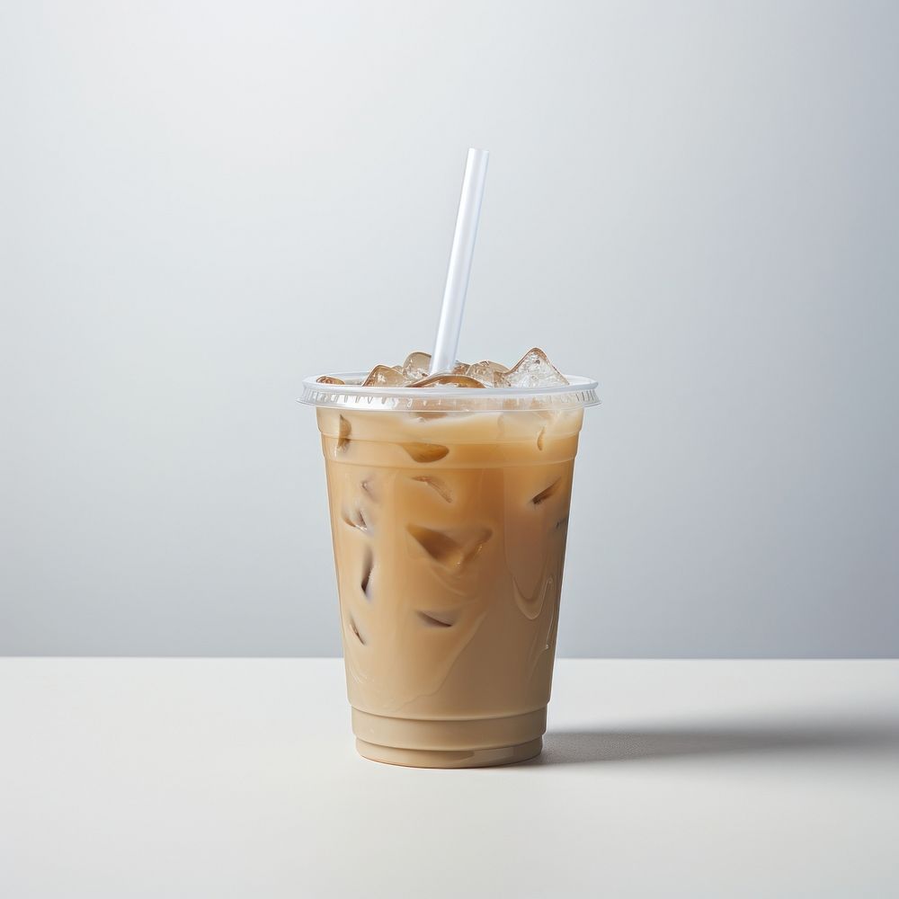 A plastic disposable ice coffee glass with straw and blank white label drink cup refreshment.