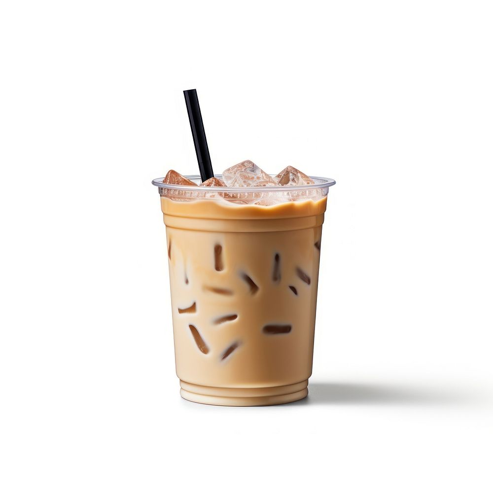 A plastic disposable ice caramel macchiato coffee glass with straw and blank white label drink cup white background.