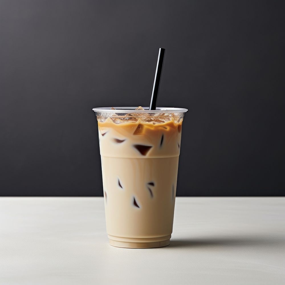 A plastic disposable ice americano coffee glass with straw and blank white label drink cup refreshment.