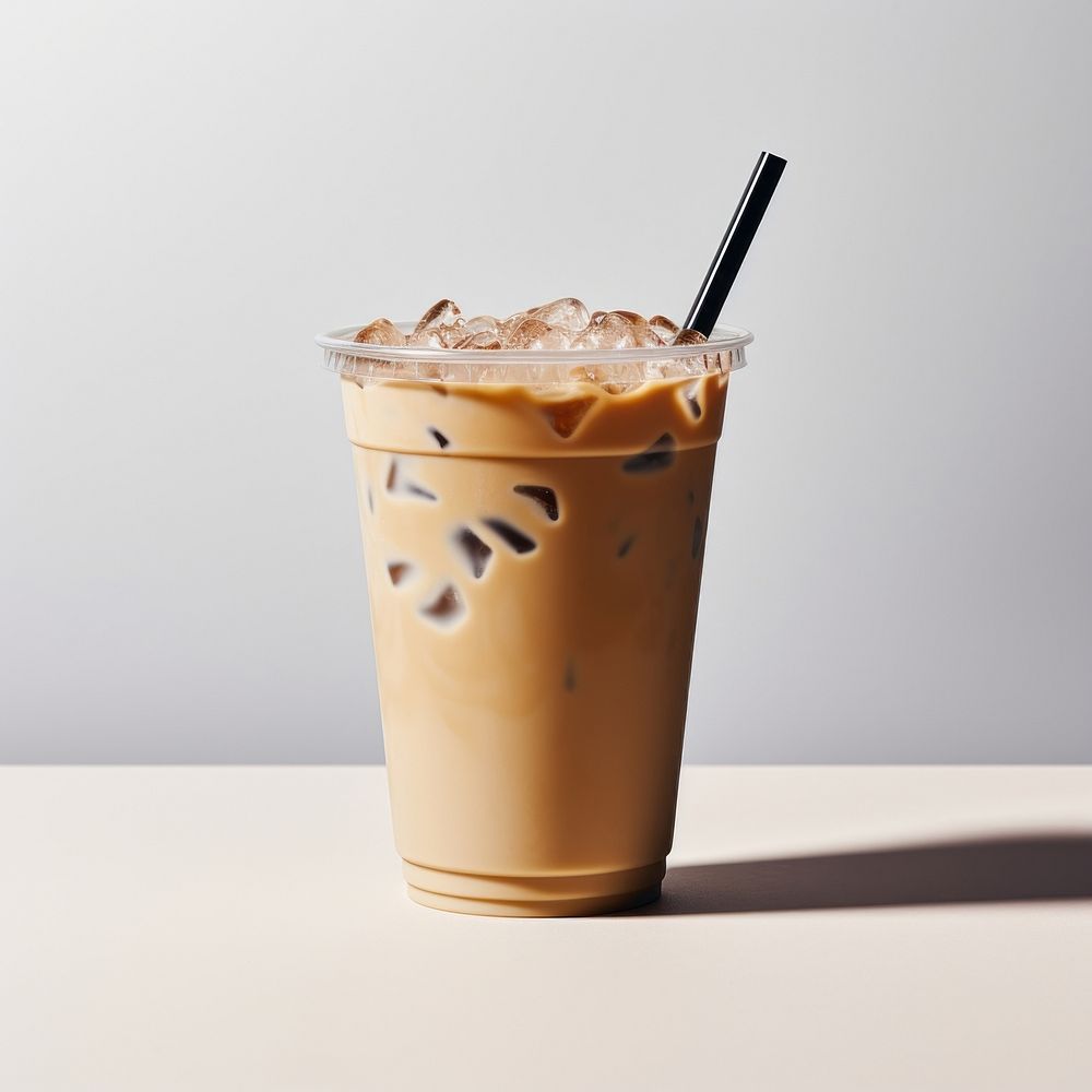 A plastic disposable ice latte coffee glass with straw and blank white label drink cup refreshment.