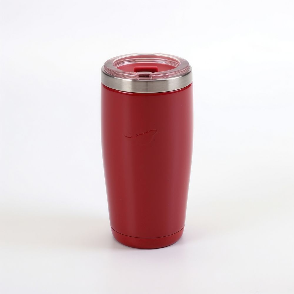 A red insulated tumbler with lid white background refreshment disposable.