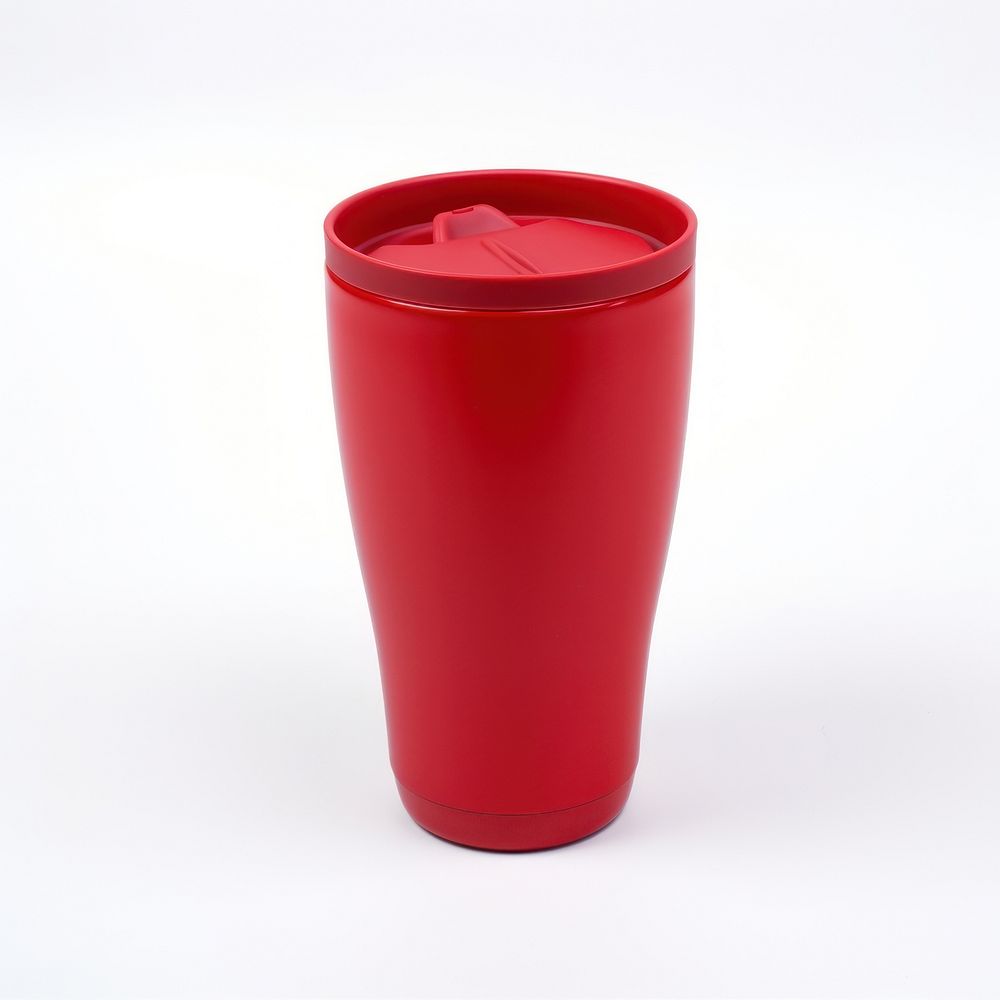 A red insulated tumbler with lid cup white background refreshment.