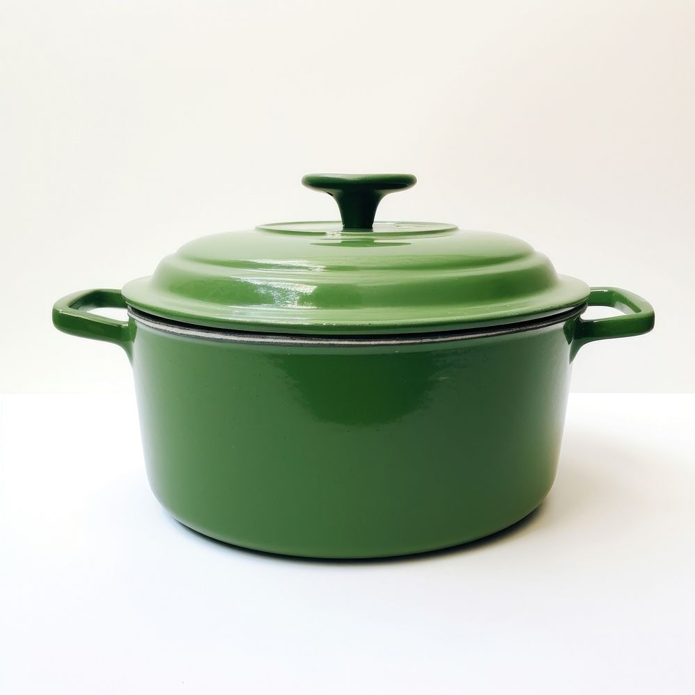 A retro green dutch oven pot cookware food white background.