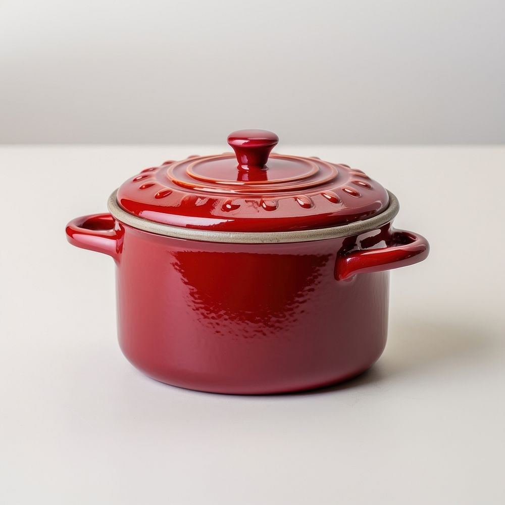 A retro red dutch oven pot cookware appliance saucepan.