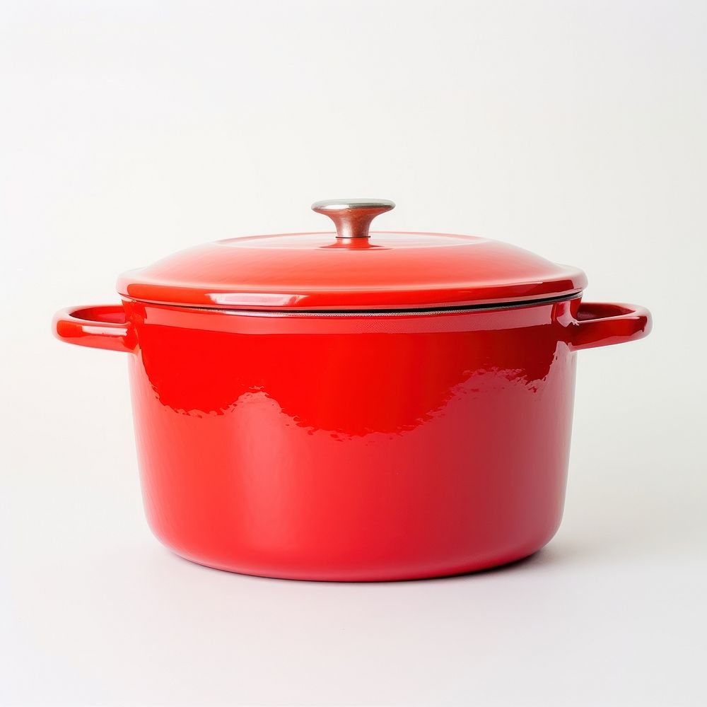 A retro red dutch oven pot cookware white background appliance.