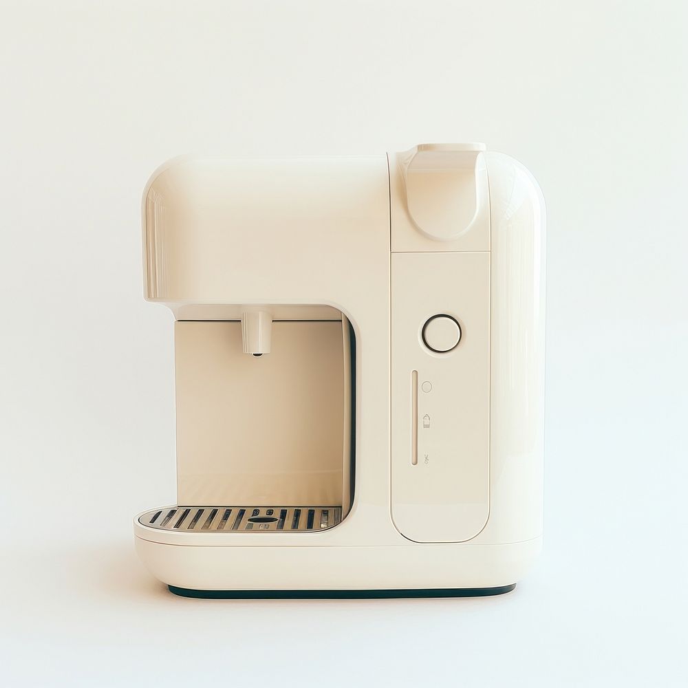A white minimal beige coffee machine white background coffeemaker technology.