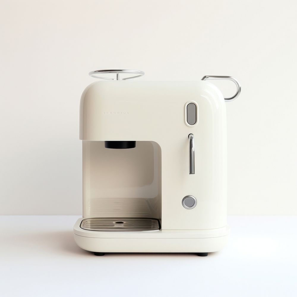 A white minimal beige coffee machine white background technology appliance.