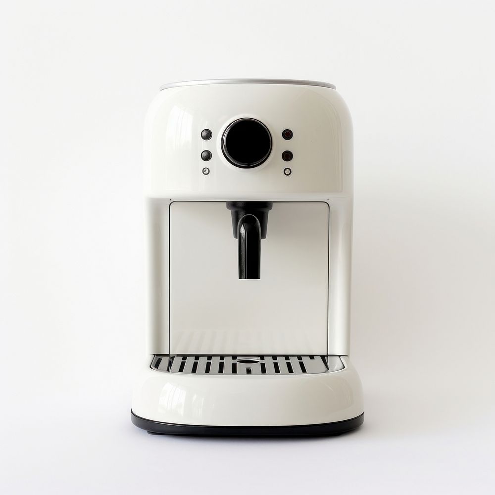 A white minimal beige coffee machine white background coffeemaker technology.