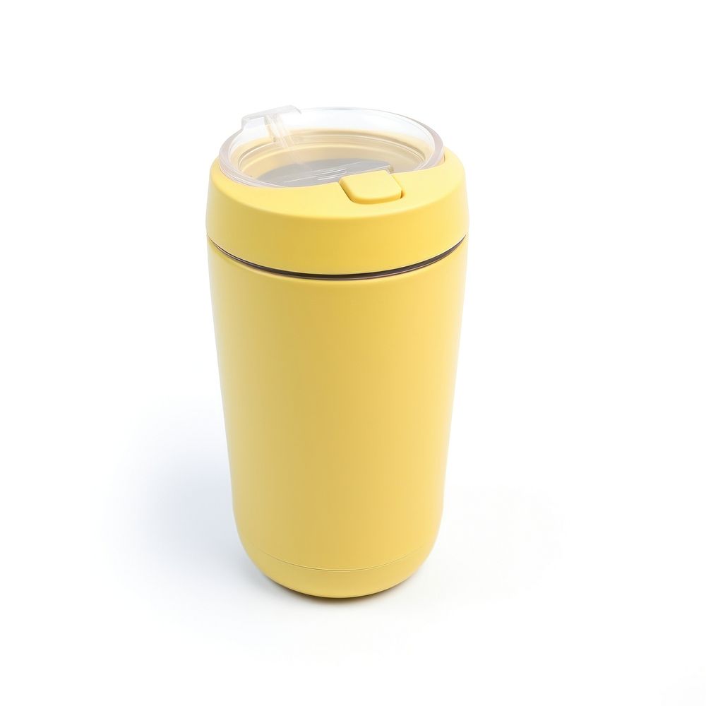 A yellow insulated tumbler with lid white background disposable container.