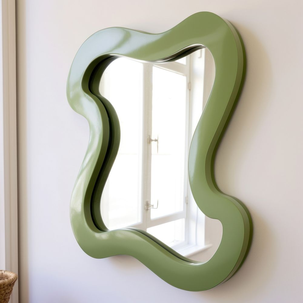 Olive green squiggle mirror for wall furniture cabinet window.