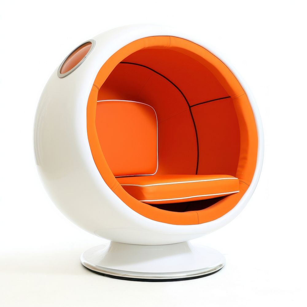 Orange space age chair furniture white background technology.