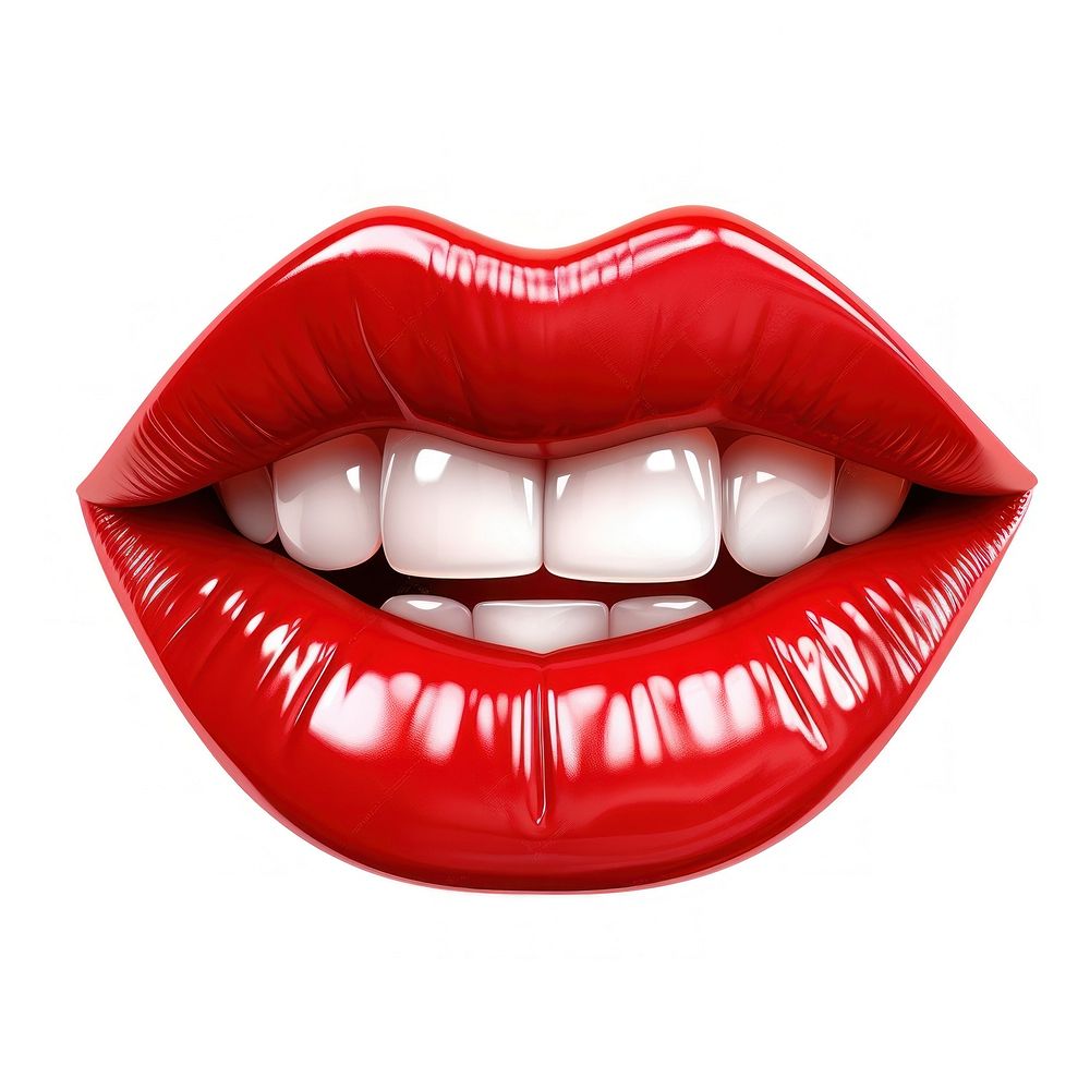Glossy red woman lips smile mouth with tongue lipstick teeth white background.