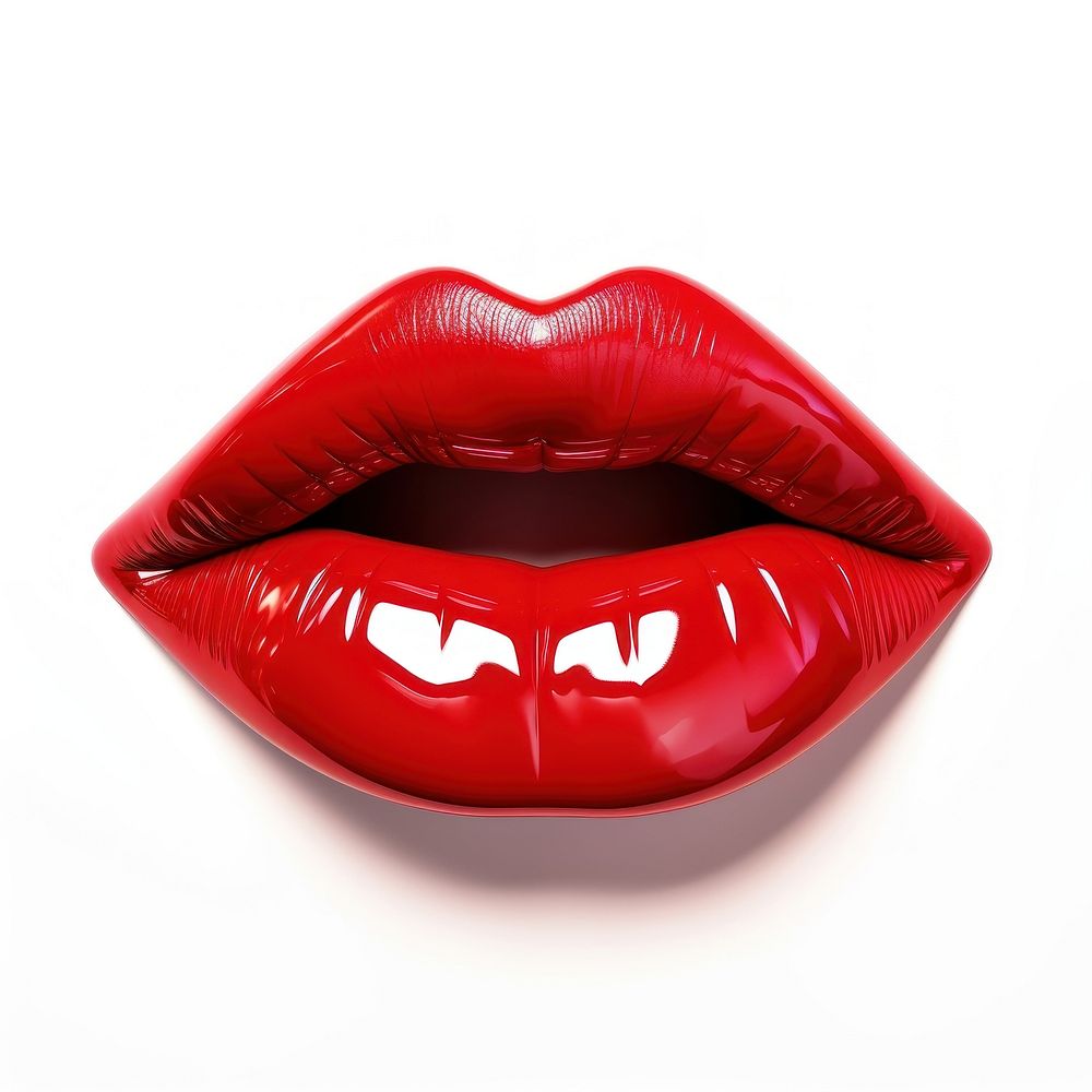Glossy red woman lips with tongue cosmetics lipstick white background.