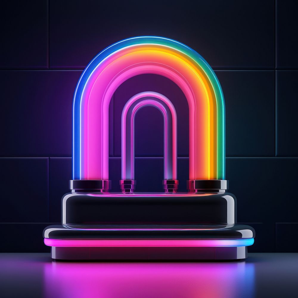 3D render of neon mini fire icon rainbow light illuminated.