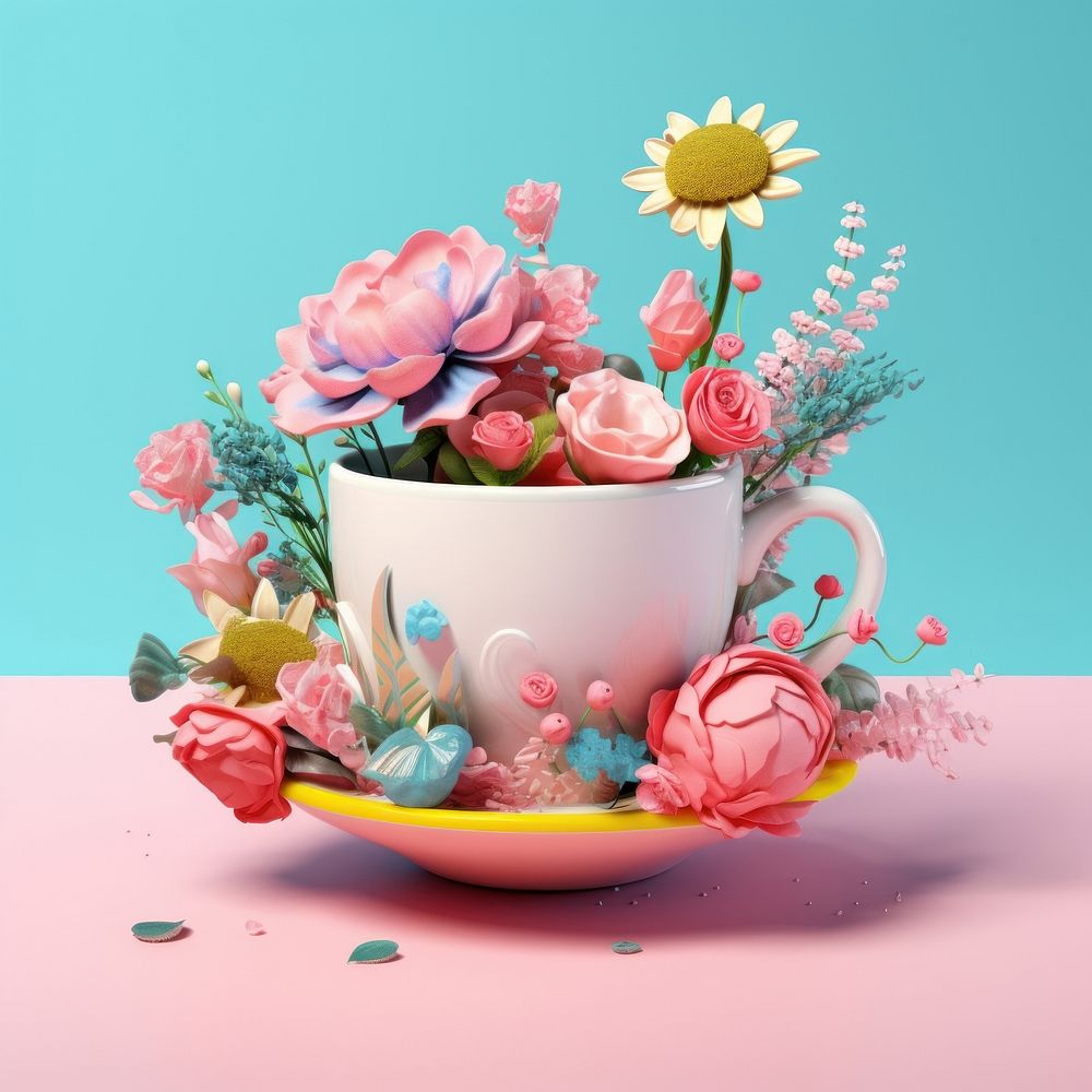 3d Surreal of a coffee cup with flowers plant petal rose.