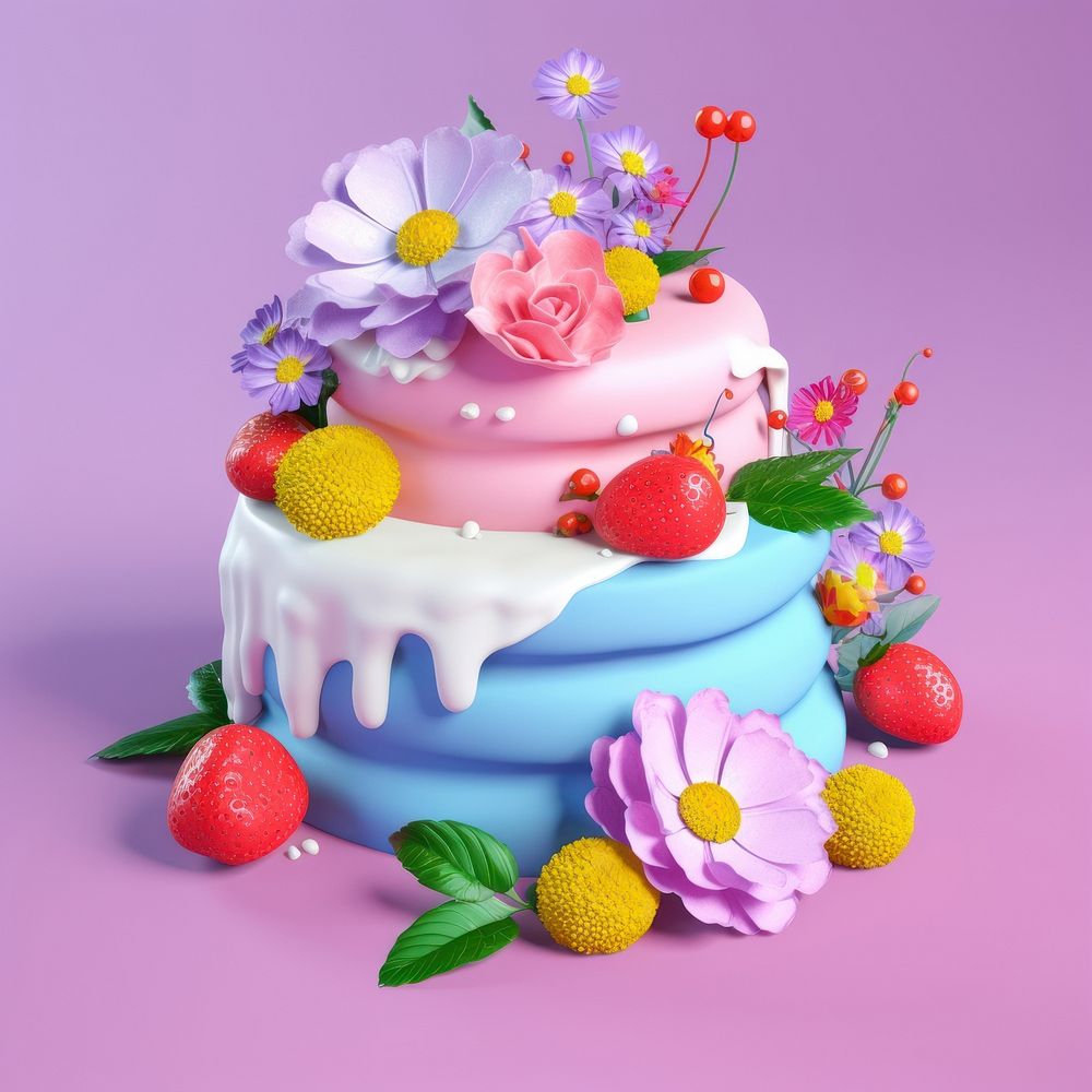 3d Surreal of a cake with flowers strawberry dessert fruit.
