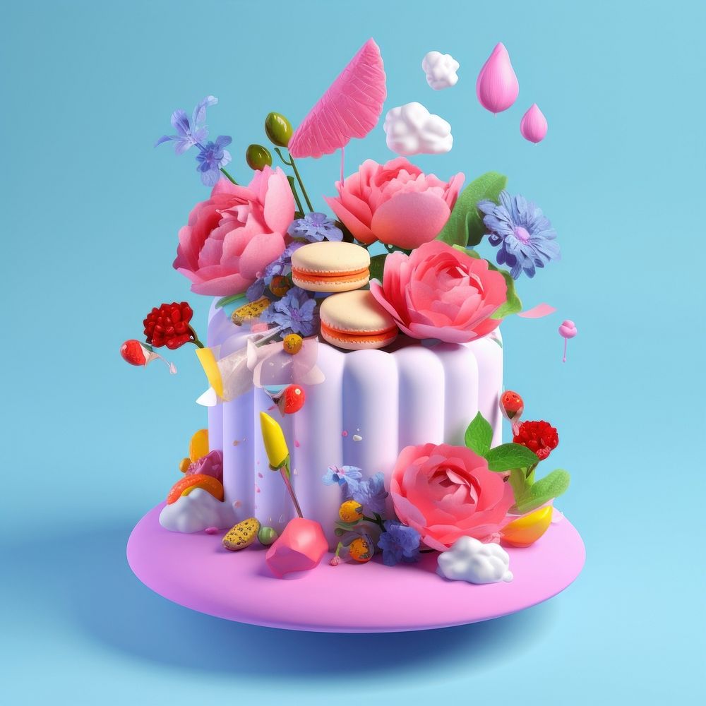 3d Surreal of a cake with flowers dessert icing petal.
