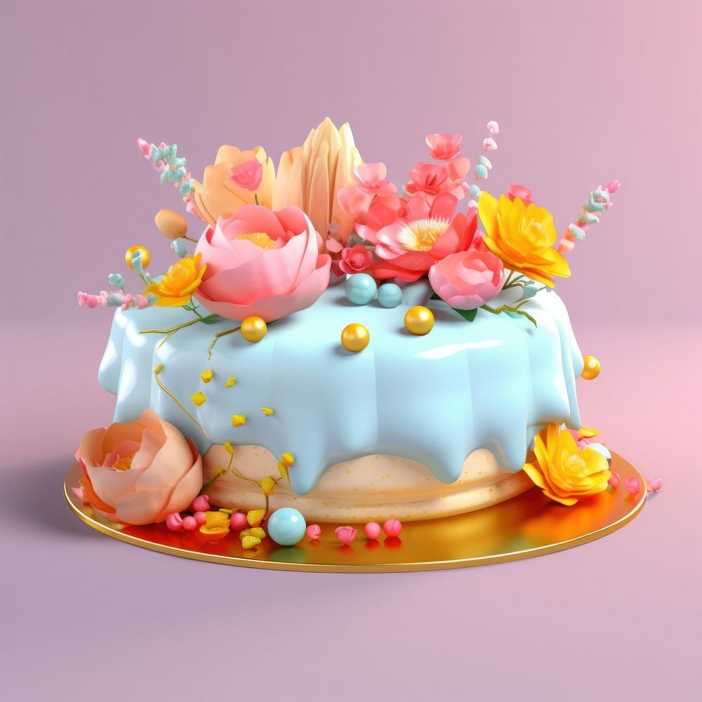 3d Surreal of a cake with flowers dessert icing plant.