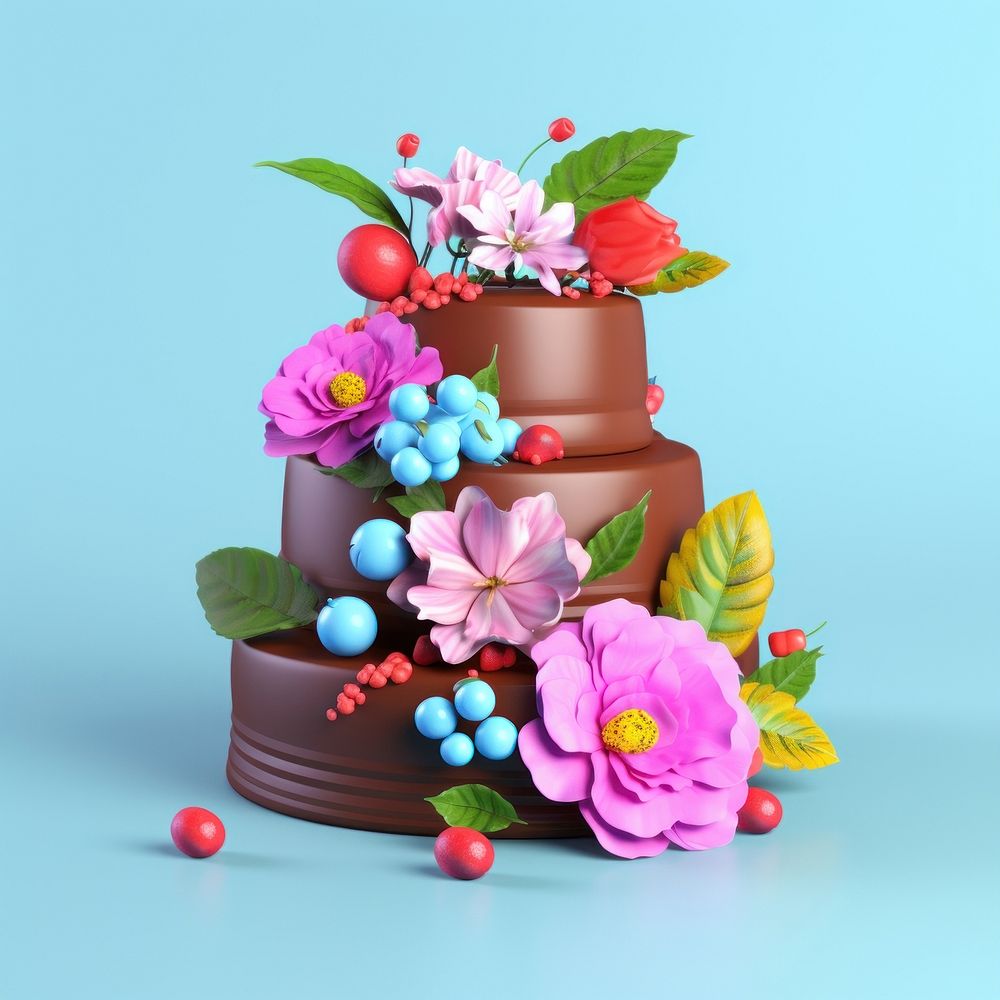 3d Surreal of a Chocolate Cake with flowers cake chocolate dessert.