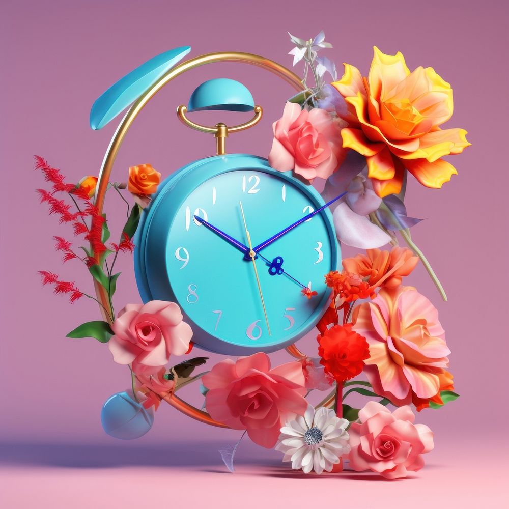 3d Surreal of a clock with flowers plant inflorescence fragility.