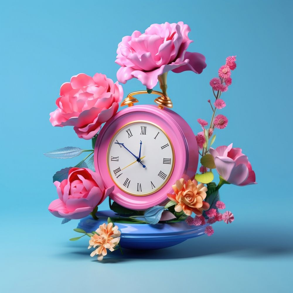 3d Surreal of a clock with flowers plant petal rose.