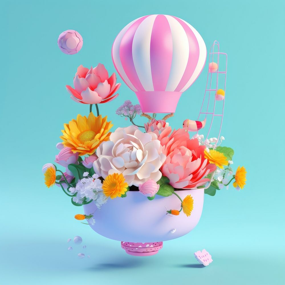 3d Surreal of a air balloon with flowers petal plant transportation.