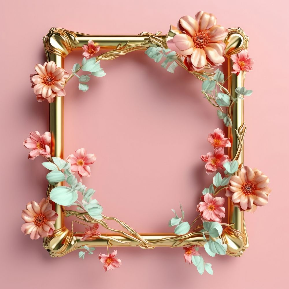 3d Surreal of a blank gold frame with flowers plant accessories decoration.