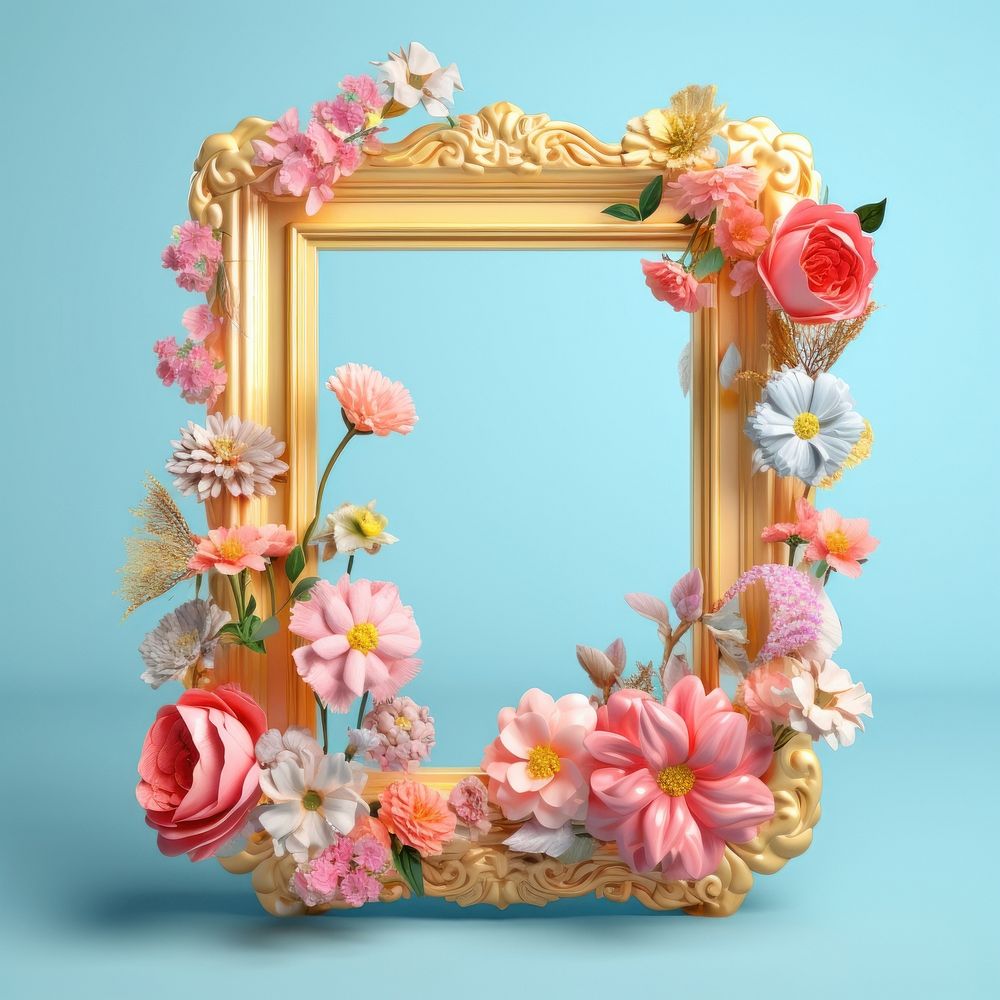 3d Surreal of a blank gold frame with flowers plant rose inflorescence.