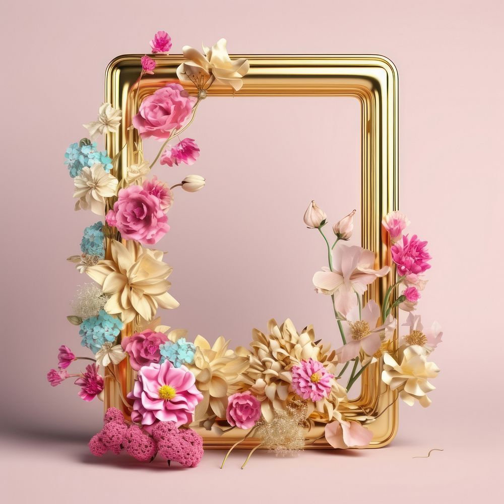 3d Surreal of a blank gold frame with flowers plant rose art.