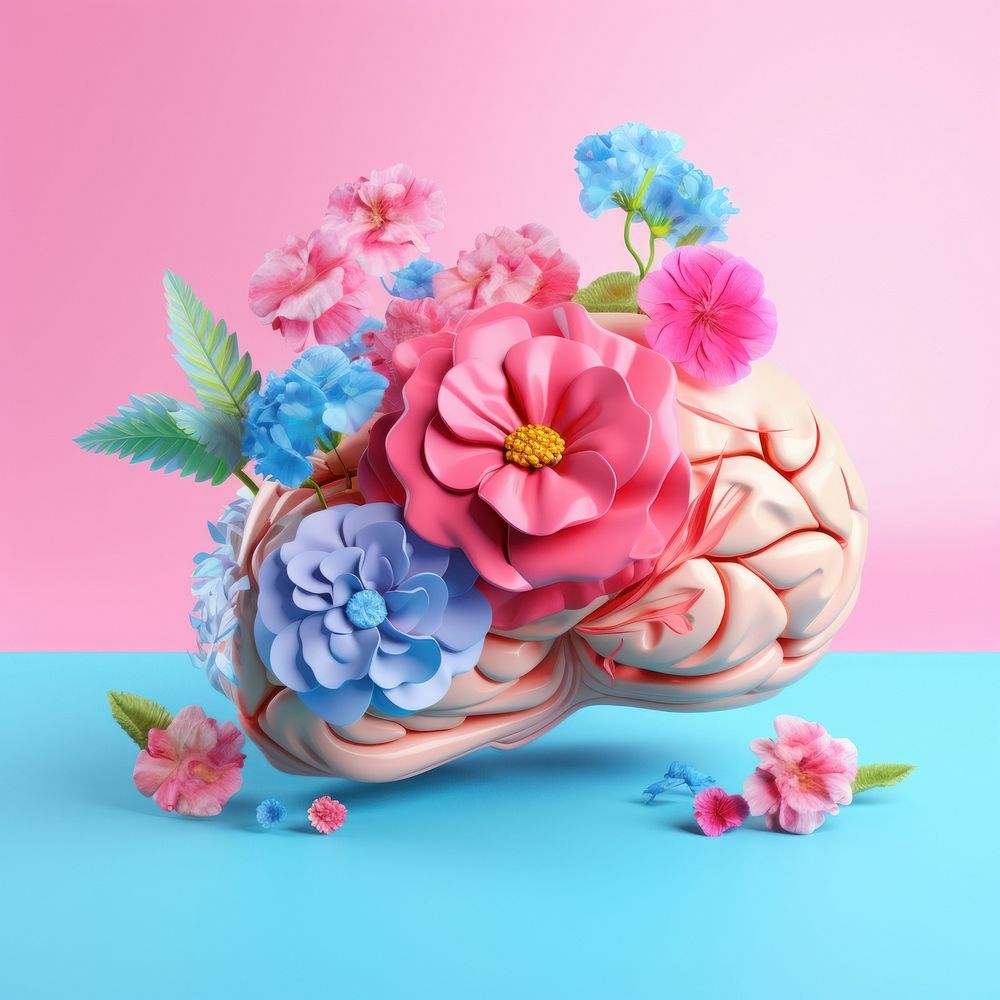 3d Surreal of a brain with flowers plant petal rose.